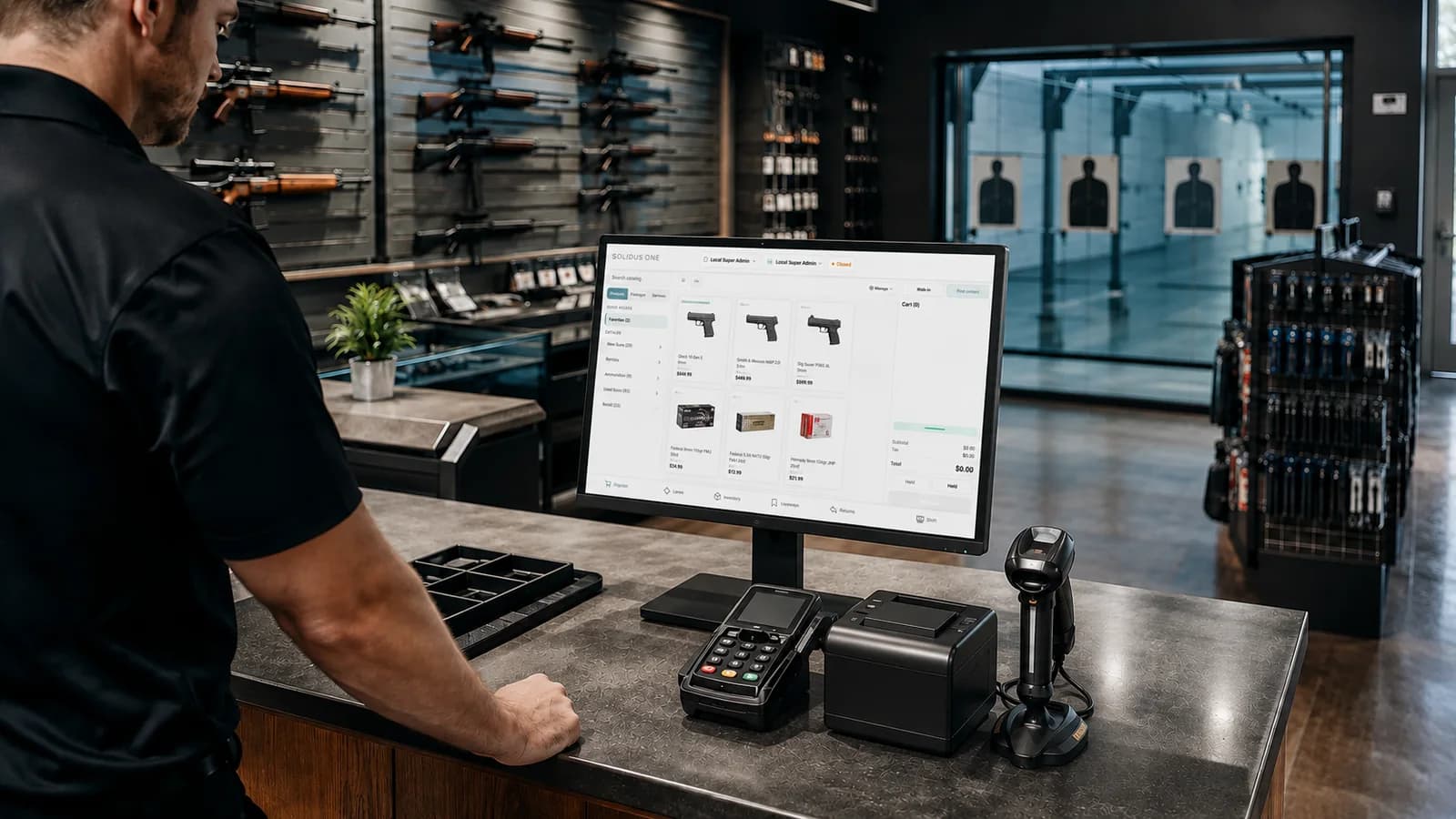 Range employee using the Solidus web POS at the counter